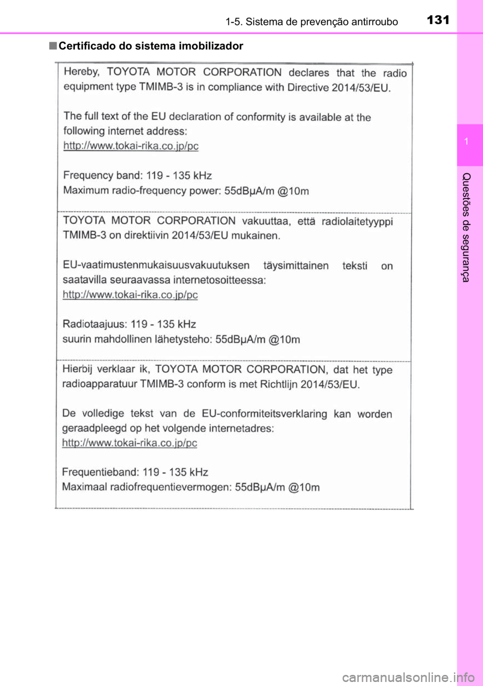 TOYOTA C-HR 2022  Manual de utilização (in Portuguese) 131������6�L�V�W�H�P�D��G�H��S�U�H�Y�H�Q�o�m�R��D�Q�W�L�U�U�R�X�E�R
�
�4�X�H�V�W�}�H�V��G�H��V�H�J�X�U�D�Q�o�D
■�&�H�U�W�L�I�L�F�D�G�R��G�R��V�L�V�W�H�P�D��L�P�R�E�L�O�L�]�D�G�R�U� 