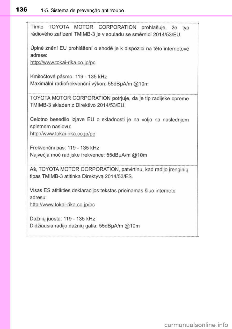 TOYOTA C-HR 2022  Manual de utilização (in Portuguese) 136������6�L�V�W�H�P�D��G�H��S�U�H�Y�H�Q�o�m�R��D�Q�W�L�U�U�R�X�E�R 