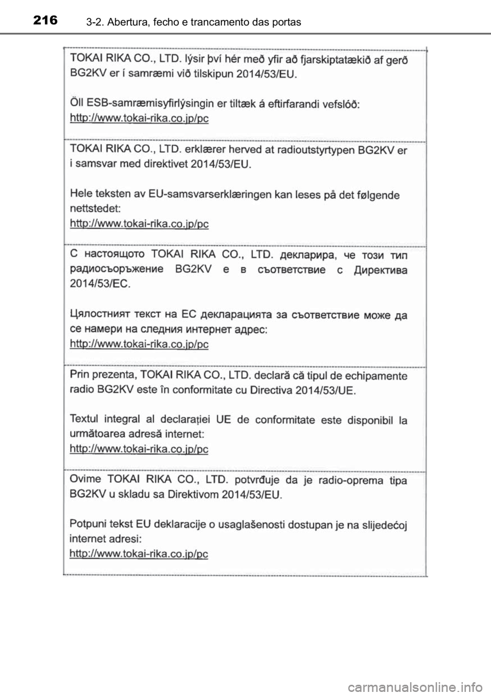 TOYOTA C-HR 2022  Manual de utilização (in Portuguese) 216������$�E�H�U�W�X�U�D���I�H�F�K�R��H��W�U�D�Q�F�D�P�H�Q�W�R��G�D�V��S�R�U�W�D�V 