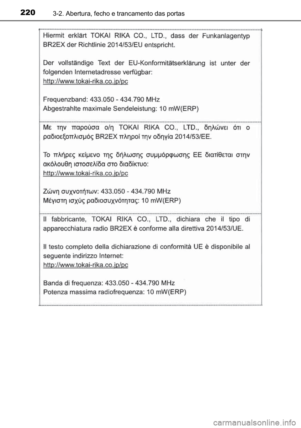 TOYOTA C-HR 2022  Manual de utilização (in Portuguese) 220������$�E�H�U�W�X�U�D���I�H�F�K�R��H��W�U�D�Q�F�D�P�H�Q�W�R��G�D�V��S�R�U�W�D�V 