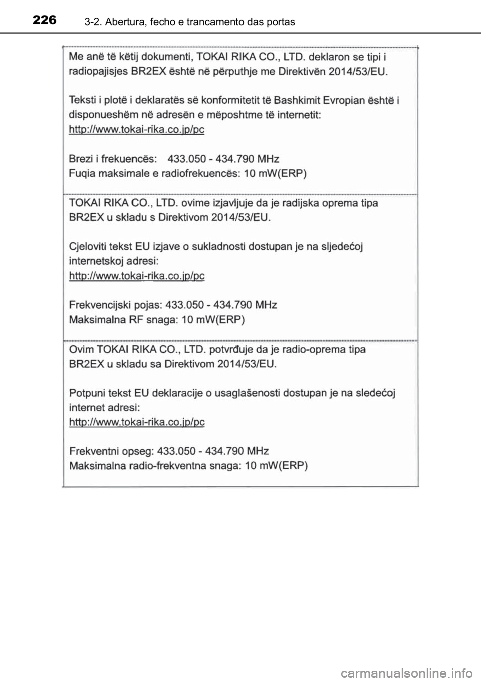 TOYOTA C-HR 2022  Manual de utilização (in Portuguese) 226������$�E�H�U�W�X�U�D���I�H�F�K�R��H��W�U�D�Q�F�D�P�H�Q�W�R��G�D�V��S�R�U�W�D�V 