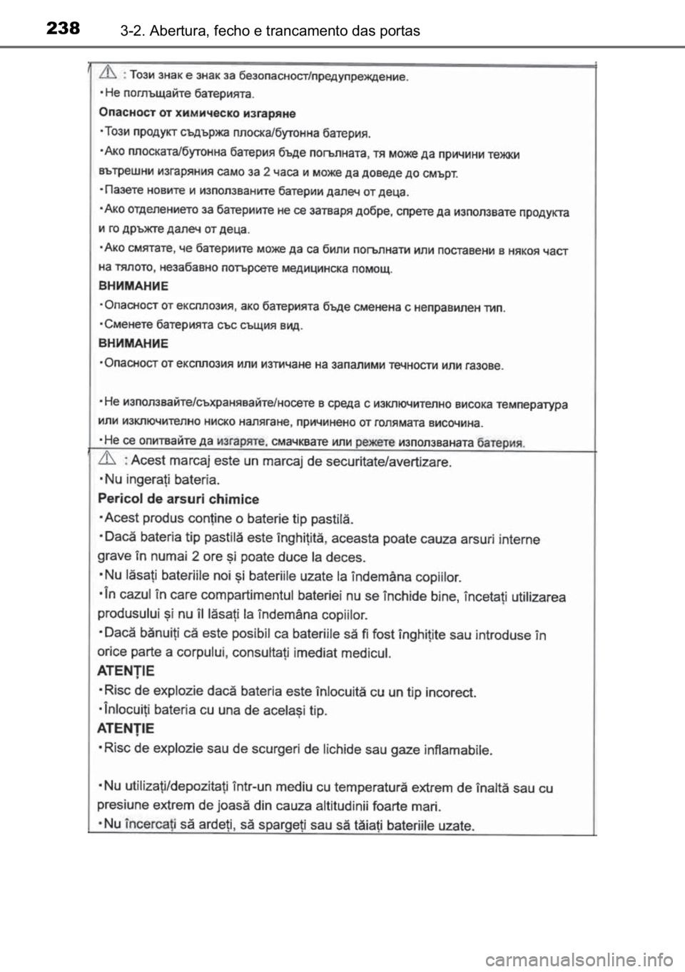 TOYOTA C-HR 2022  Manual de utilização (in Portuguese) 238������$�E�H�U�W�X�U�D���I�H�F�K�R��H��W�U�D�Q�F�D�P�H�Q�W�R��G�D�V��S�R�U�W�D�V 