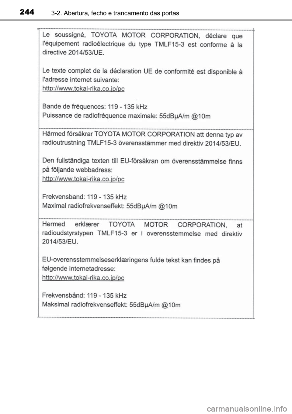 TOYOTA C-HR 2022  Manual de utilização (in Portuguese) 244������$�E�H�U�W�X�U�D���I�H�F�K�R��H��W�U�D�Q�F�D�P�H�Q�W�R��G�D�V��S�R�U�W�D�V 