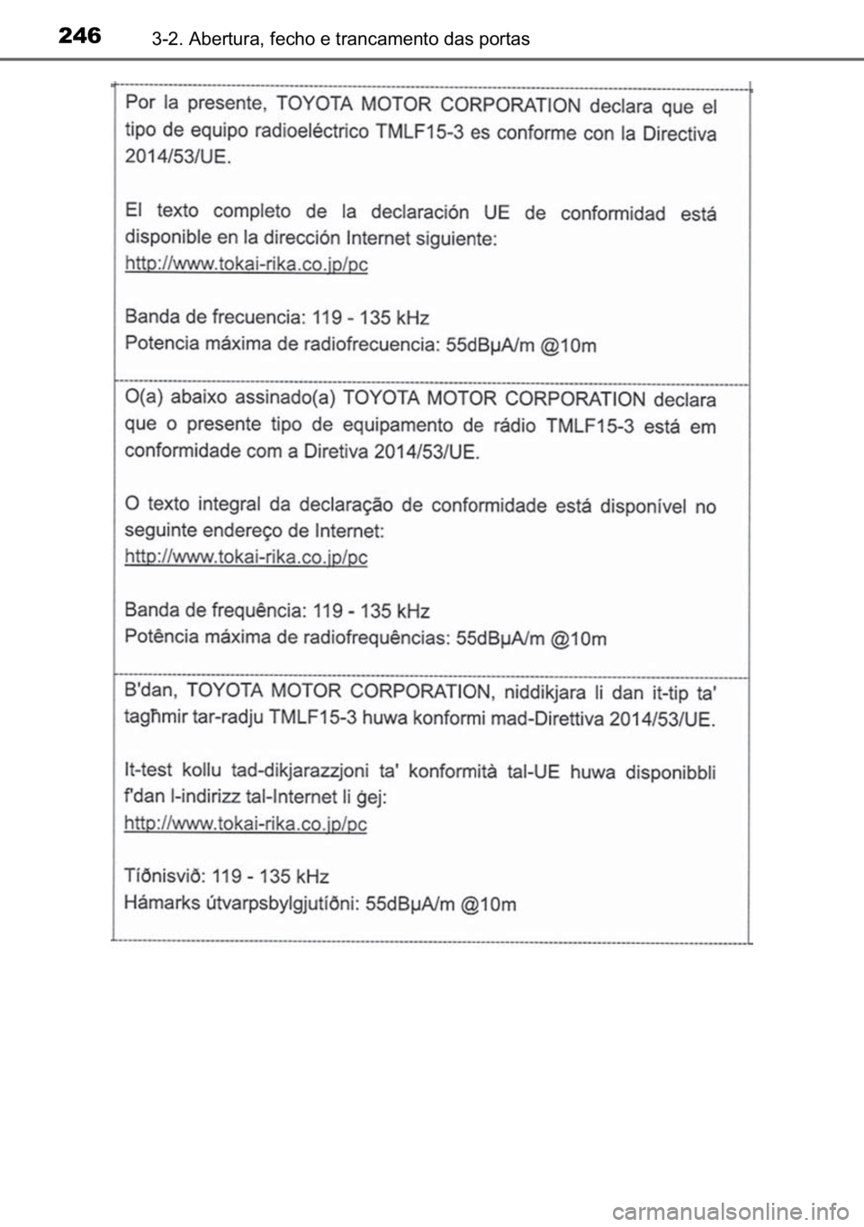 TOYOTA C-HR 2022  Manual de utilização (in Portuguese) 246������$�E�H�U�W�X�U�D���I�H�F�K�R��H��W�U�D�Q�F�D�P�H�Q�W�R��G�D�V��S�R�U�W�D�V 