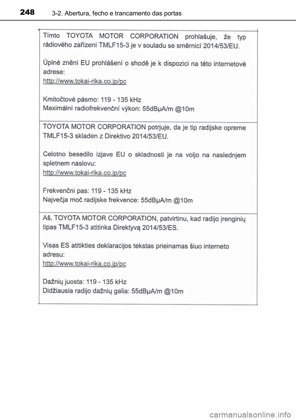 TOYOTA C-HR 2022  Manual de utilização (in Portuguese) 248������$�E�H�U�W�X�U�D���I�H�F�K�R��H��W�U�D�Q�F�D�P�H�Q�W�R��G�D�V��S�R�U�W�D�V 