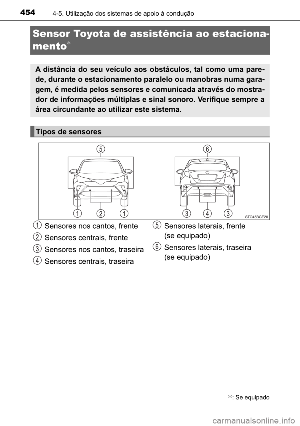 TOYOTA C-HR 2022  Manual de utilização (in Portuguese) 454������8�W�L�O�L�]�D�o�m�R��G�R�V��V�L�V�W�H�P�D�V��G�H��D�S�R�L�R��j��F�R�Q�G�X�o�m�R
Sensor Toyota de assistência ao estaciona-
mento
∗
∗���6�H��H�T�X�L�S�D�G�R
�$� �G�L�V�W�k�