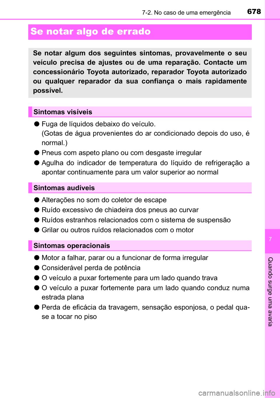 TOYOTA C-HR 2022  Manual de utilização (in Portuguese) 678������1�R��F�D�V�R��G�H��X�P�D��H�P�H�U�J�r�Q�F�L�D
�
�4�X�D�Q�G�R��V�X�U�J�H��X�P�D��D�Y�D�U�L�D
Se notar algo de errado
●�)�X�J�D��G�H��O�t�T�X�L�G�R�V��G�H�E�D�L�[�R��G�R��Y�