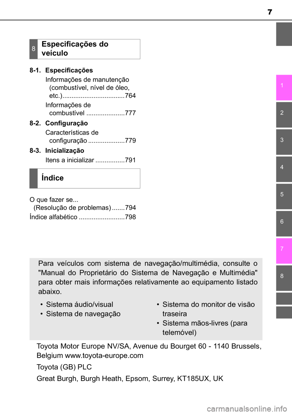 TOYOTA C-HR 2022  Manual de utilização (in Portuguese) 7
�
� � � �
�
�
�
���� �(�V�S�H�F�L�I�L�F�D�o�}�H�V
�,�Q�I�R�U�P�D�o�}�H�V��G�H��P�D�Q�X�W�H�Q�o�m�R�
��F�R�P�E�X�V�W�t�Y�H�O���Q�t�Y�H�O��G�H��y�O�H�R��
�H�W�F���������