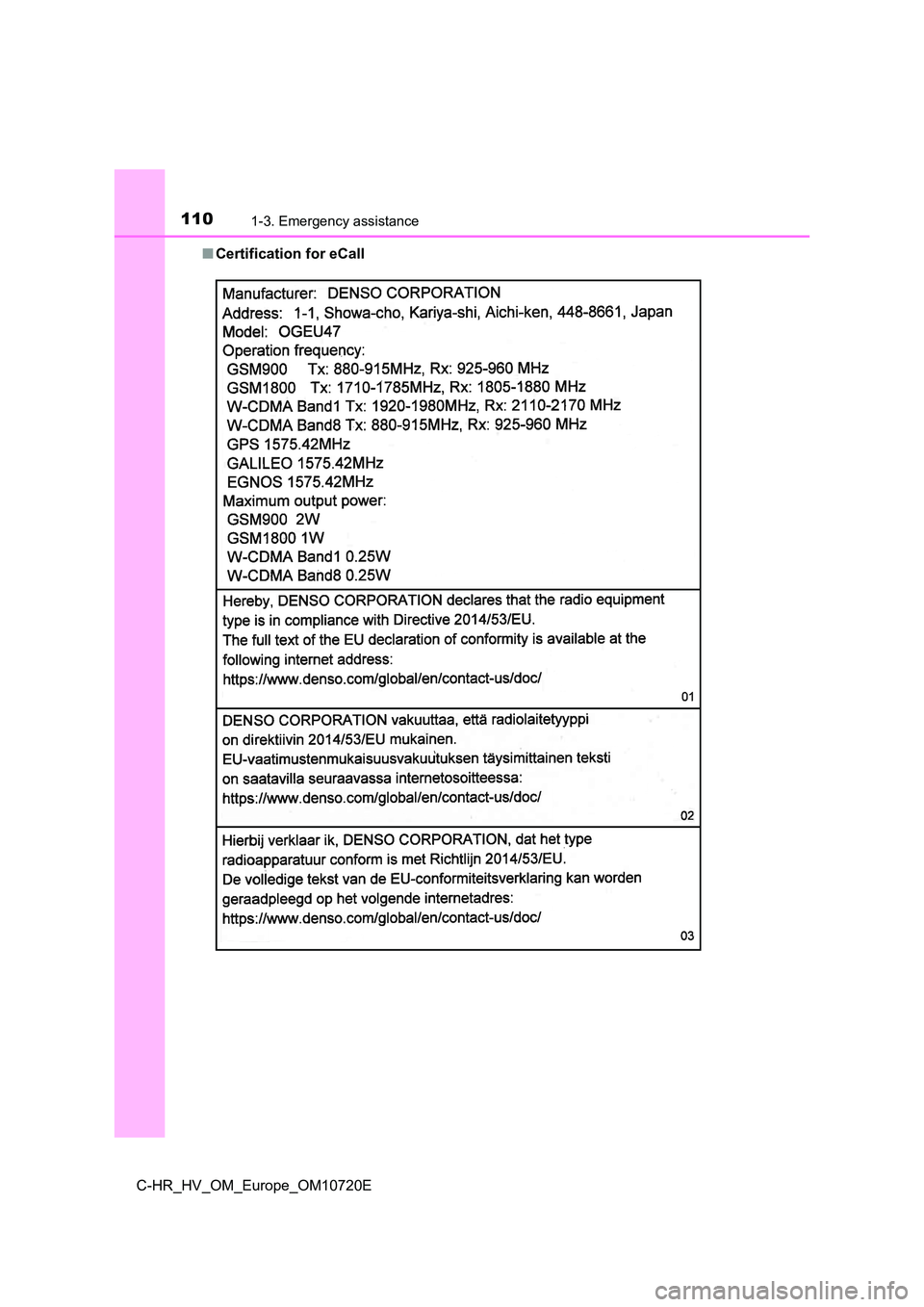 TOYOTA C-HR 2022 Owners Manual 1101-3. Emergency assistance
C-HR_HV_OM_Europe_OM10720E
■ Certification for eCall TOYOTA C-HR 2022 Owners Manual 1101-3. Emergency assistance
C-HR_HV_OM_Europe_OM10720E
■ Certification for eCall