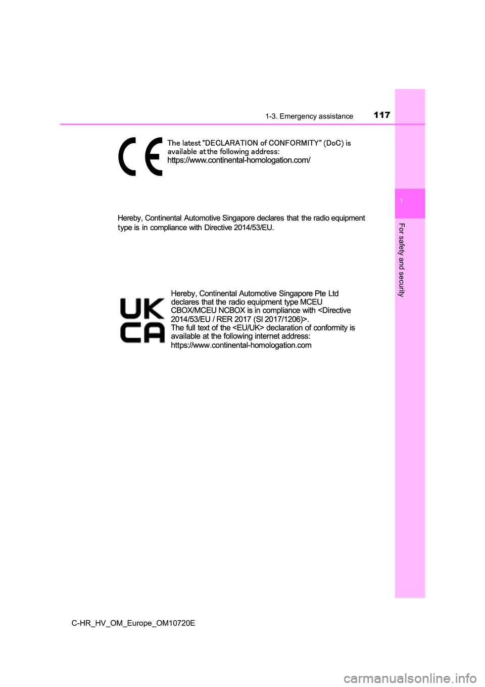 TOYOTA C-HR 2022 Owners Manual 1171-3. Emergency assistance
1
For safety and security
C-HR_HV_OM_Europe_OM10720E TOYOTA C-HR 2022 Owners Manual 1171-3. Emergency assistance
1
For safety and security
C-HR_HV_OM_Europe_OM10720E