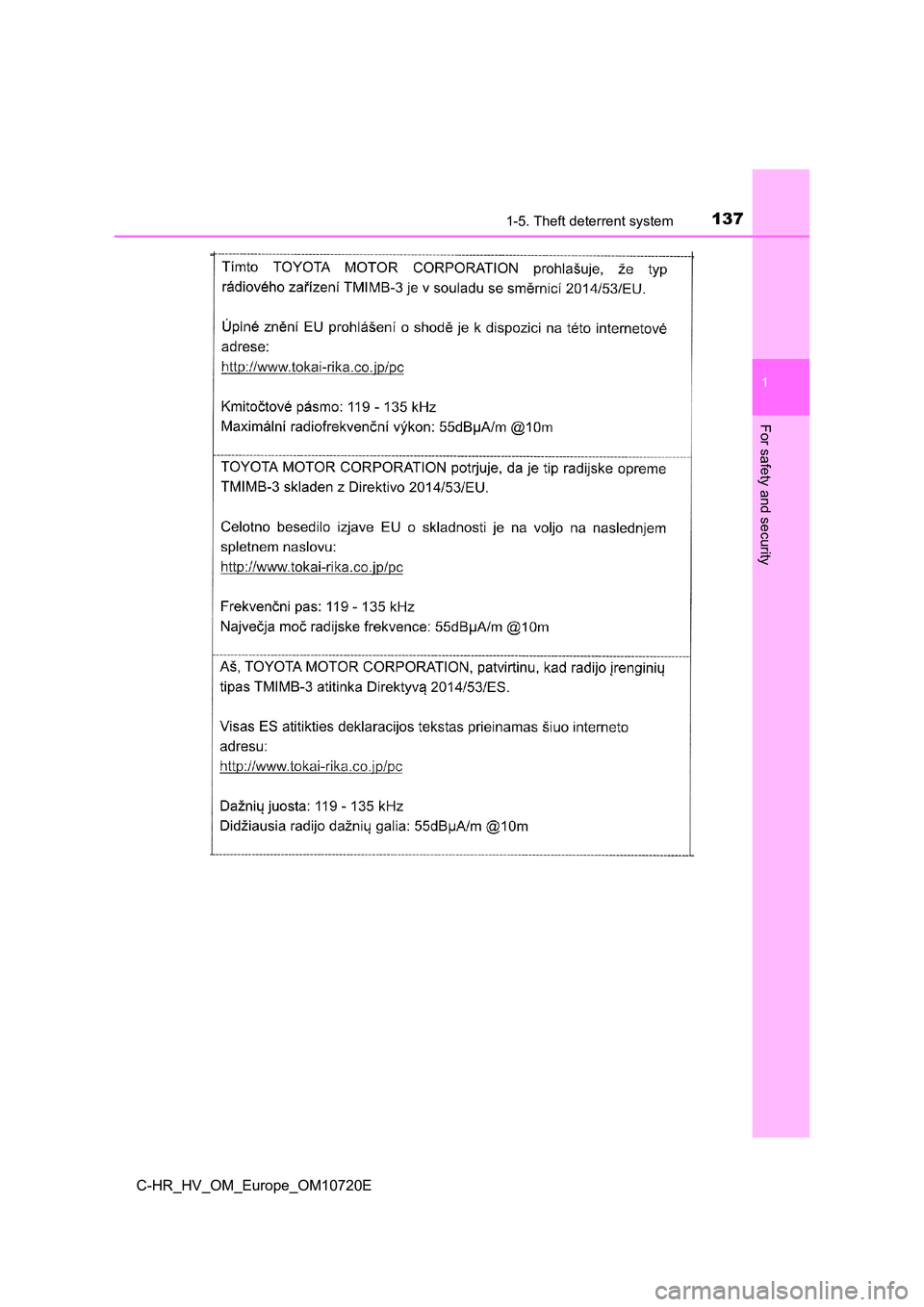 TOYOTA C-HR 2022  Owners Manual 1371-5. Theft deterrent system
1
For safety and security
C-HR_HV_OM_Europe_OM10720E 