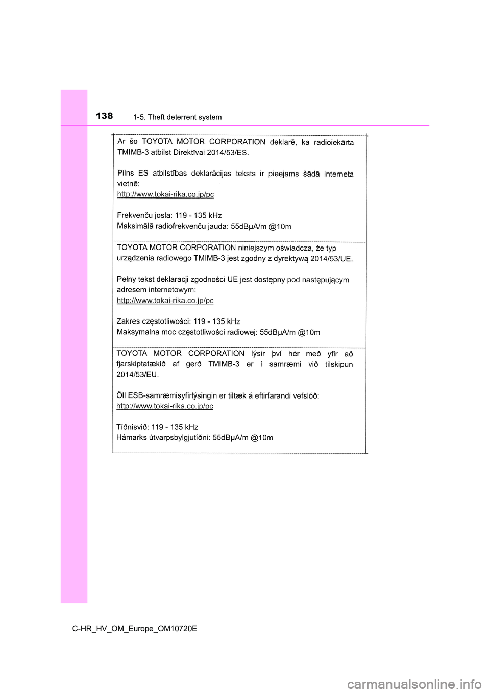 TOYOTA C-HR 2022  Owners Manual 1381-5. Theft deterrent system
C-HR_HV_OM_Europe_OM10720E 