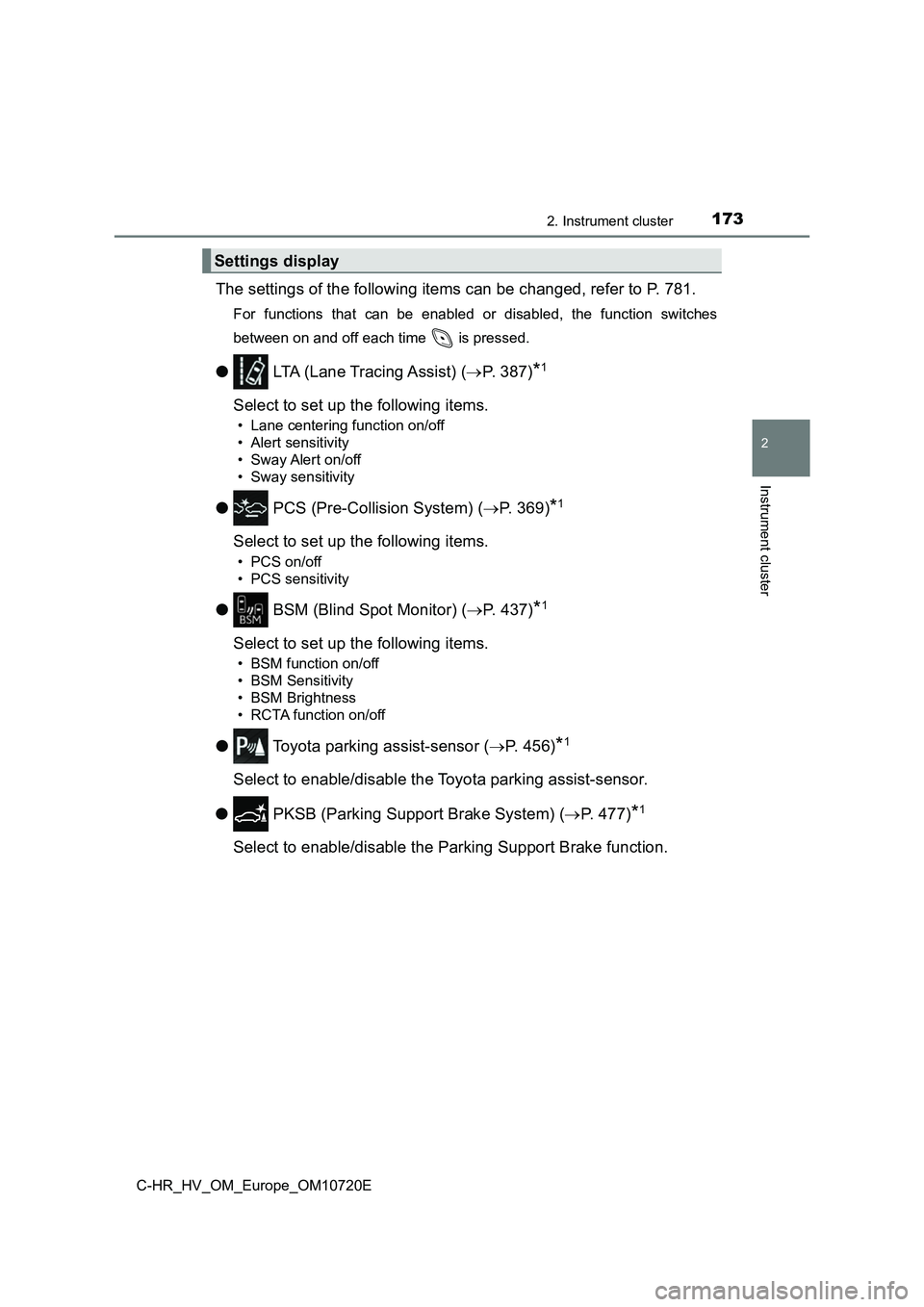 TOYOTA C-HR 2022 User Guide 1732. Instrument cluster
2
Instrument cluster
C-HR_HV_OM_Europe_OM10720E
The settings of the following items can be changed, refer to P. 781.
For functions that can be enabled or disabled, the TOYOTA C-HR 2022 User Guide 1732. Instrument cluster
2
Instrument cluster
C-HR_HV_OM_Europe_OM10720E
The settings of the following items can be changed, refer to P. 781.
For functions that can be enabled or disabled, the