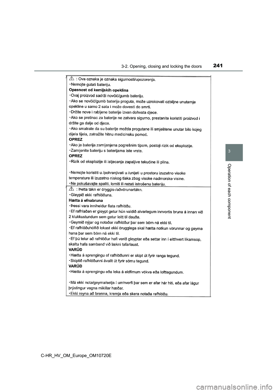 TOYOTA C-HR 2022 Owners Manual 2413-2. Opening, closing and locking the doors
3
Operation of each component
C-HR_HV_OM_Europe_OM10720E TOYOTA C-HR 2022 Owners Manual 2413-2. Opening, closing and locking the doors
3
Operation of each component
C-HR_HV_OM_Europe_OM10720E