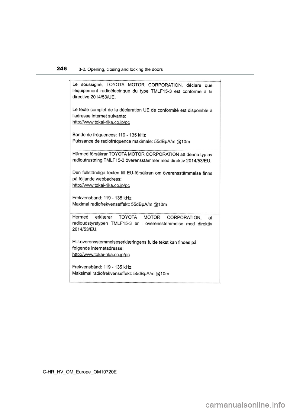 TOYOTA C-HR 2022 Owners Manual 2463-2. Opening, closing and locking the doors
C-HR_HV_OM_Europe_OM10720E TOYOTA C-HR 2022 Owners Manual 2463-2. Opening, closing and locking the doors
C-HR_HV_OM_Europe_OM10720E