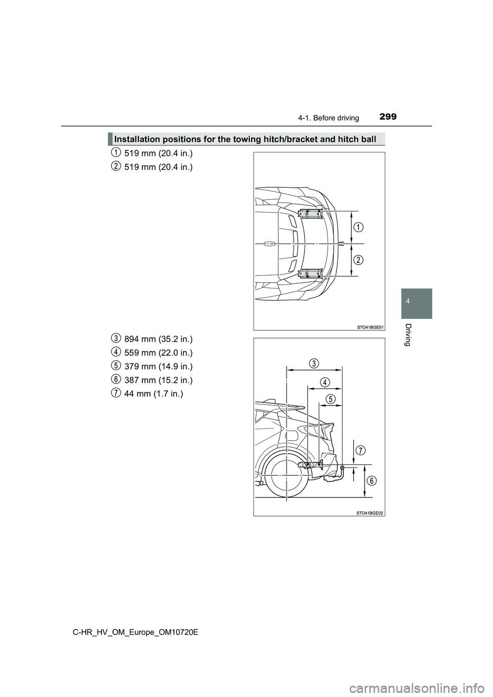 TOYOTA C-HR 2022 Owners Manual 2994-1. Before driving
4
Driving
C-HR_HV_OM_Europe_OM10720E
519 mm (20.4 in.)
519 mm (20.4 in.)
894 mm (35.2 in.)
559 mm (22.0 in.)
379 mm (14.9 in.)
387 mm (15.2 in.)
44 mm (1.7 in.)
Installati TOYOTA C-HR 2022 Owners Manual 2994-1. Before driving
4
Driving
C-HR_HV_OM_Europe_OM10720E
519 mm (20.4 in.)
519 mm (20.4 in.)
894 mm (35.2 in.)
559 mm (22.0 in.)
379 mm (14.9 in.)
387 mm (15.2 in.)
44 mm (1.7 in.)
Installati