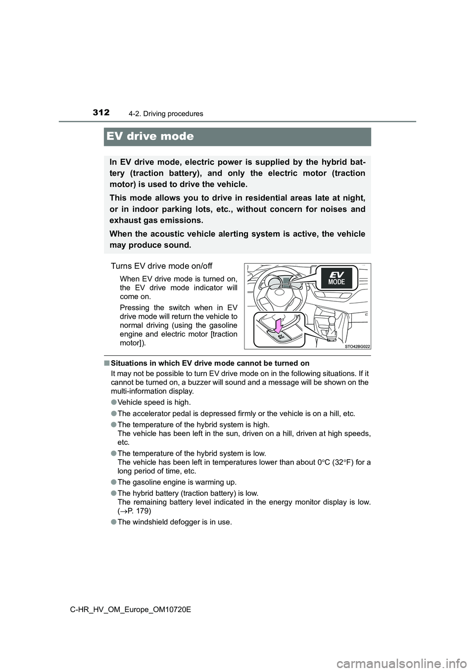 TOYOTA C-HR 2022 Workshop Manual 3124-2. Driving procedures
C-HR_HV_OM_Europe_OM10720E
EV drive mode
Turns EV drive mode on/off
When EV drive mode is turned on,
the EV drive mode indicator will
come on.
Pressing the swi TOYOTA C-HR 2022 Workshop Manual 3124-2. Driving procedures
C-HR_HV_OM_Europe_OM10720E
EV drive mode
Turns EV drive mode on/off
When EV drive mode is turned on,
the EV drive mode indicator will
come on.
Pressing the swi