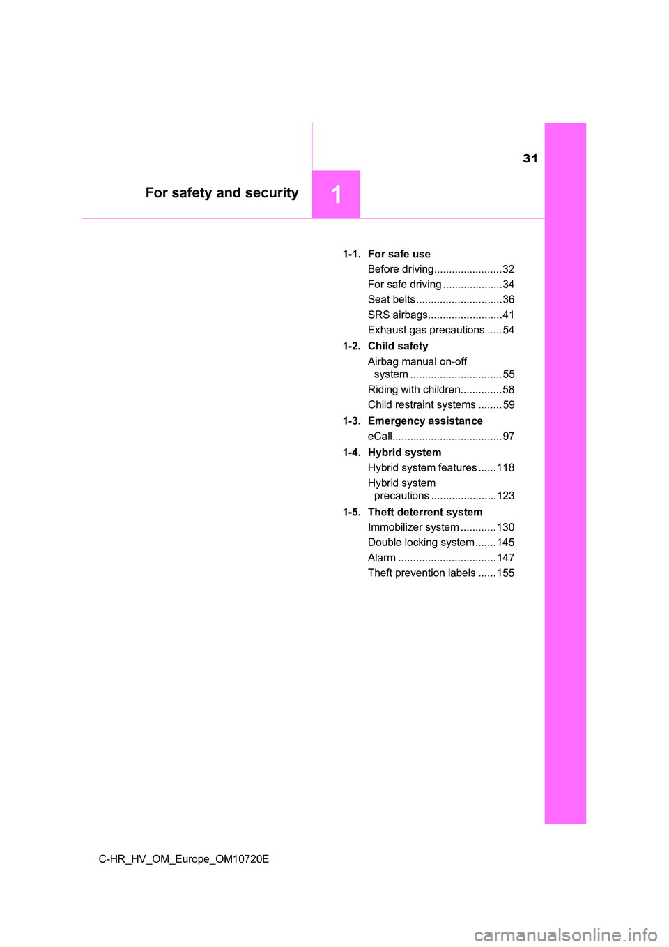 TOYOTA C-HR 2022  Owners Manual 31
1For safety and security
C-HR_HV_OM_Europe_OM10720E 
1-1. For safe use 
Before driving....................... 32 
For safe driving .................... 34 
Seat belts ............................. 