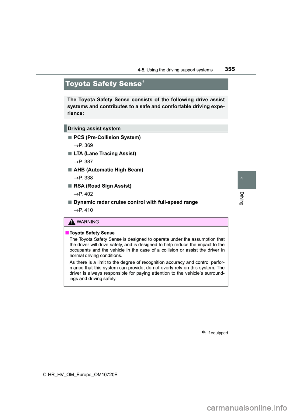 TOYOTA C-HR 2022  Owners Manual 355
4
4-5. Using the driving support systems
Driving
C-HR_HV_OM_Europe_OM10720E
Toyota Safety Sense
■PCS (Pre-Collision System) 
 P.   3 6 9
■LTA (Lane Tracing Assist) 
 P.   3 8 7
■AHB
