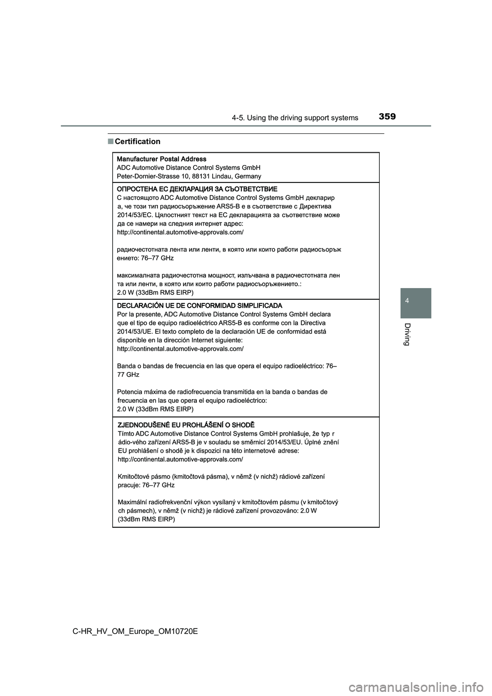 TOYOTA C-HR 2022  Owners Manual 3594-5. Using the driving support systems
4
Driving
C-HR_HV_OM_Europe_OM10720E
■Certification 