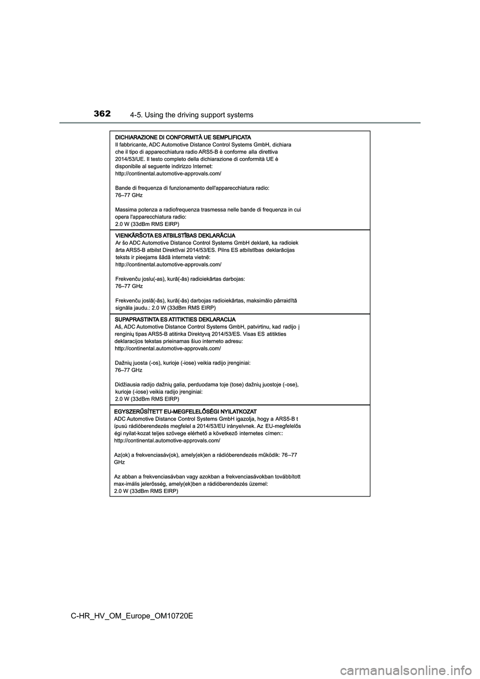 TOYOTA C-HR 2022  Owners Manual 3624-5. Using the driving support systems
C-HR_HV_OM_Europe_OM10720E 
