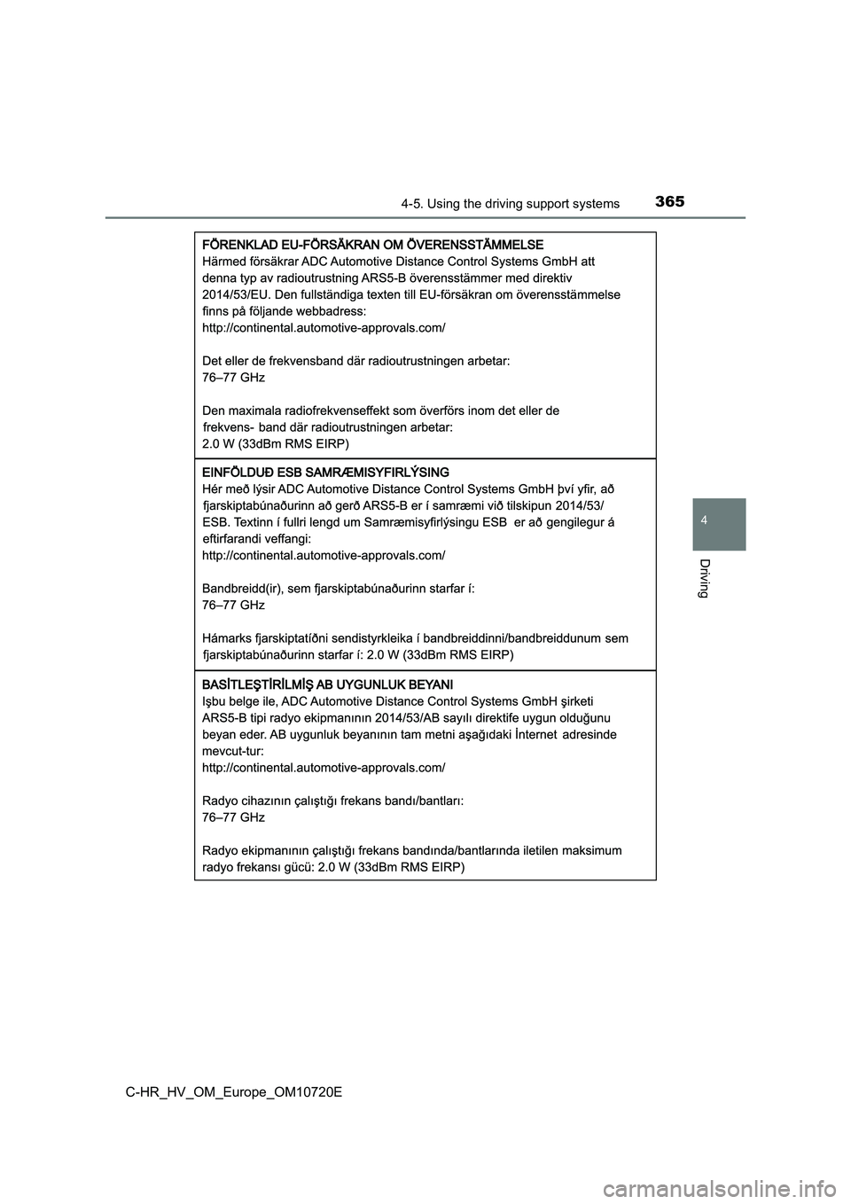 TOYOTA C-HR 2022  Owners Manual 3654-5. Using the driving support systems
4
Driving
C-HR_HV_OM_Europe_OM10720E 