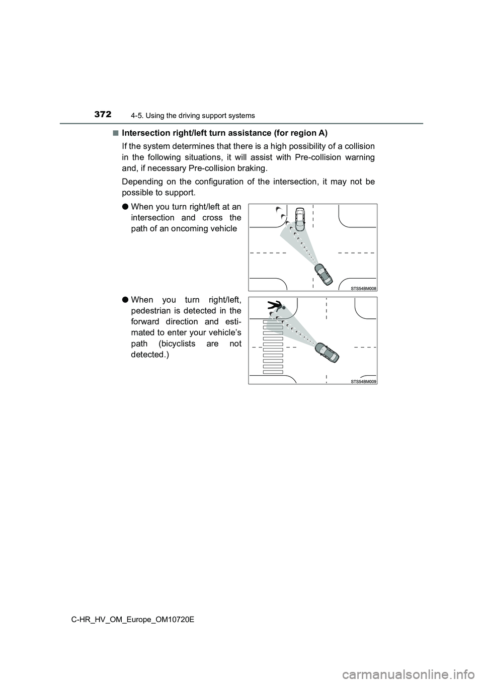 TOYOTA C-HR 2022 Owners Manual 3724-5. Using the driving support systems
C-HR_HV_OM_Europe_OM10720E
■Intersection right/left turn assistance (for region A)
If the system determines that there is a high possibility of a collisi TOYOTA C-HR 2022 Owners Manual 3724-5. Using the driving support systems
C-HR_HV_OM_Europe_OM10720E
■Intersection right/left turn assistance (for region A)
If the system determines that there is a high possibility of a collisi
