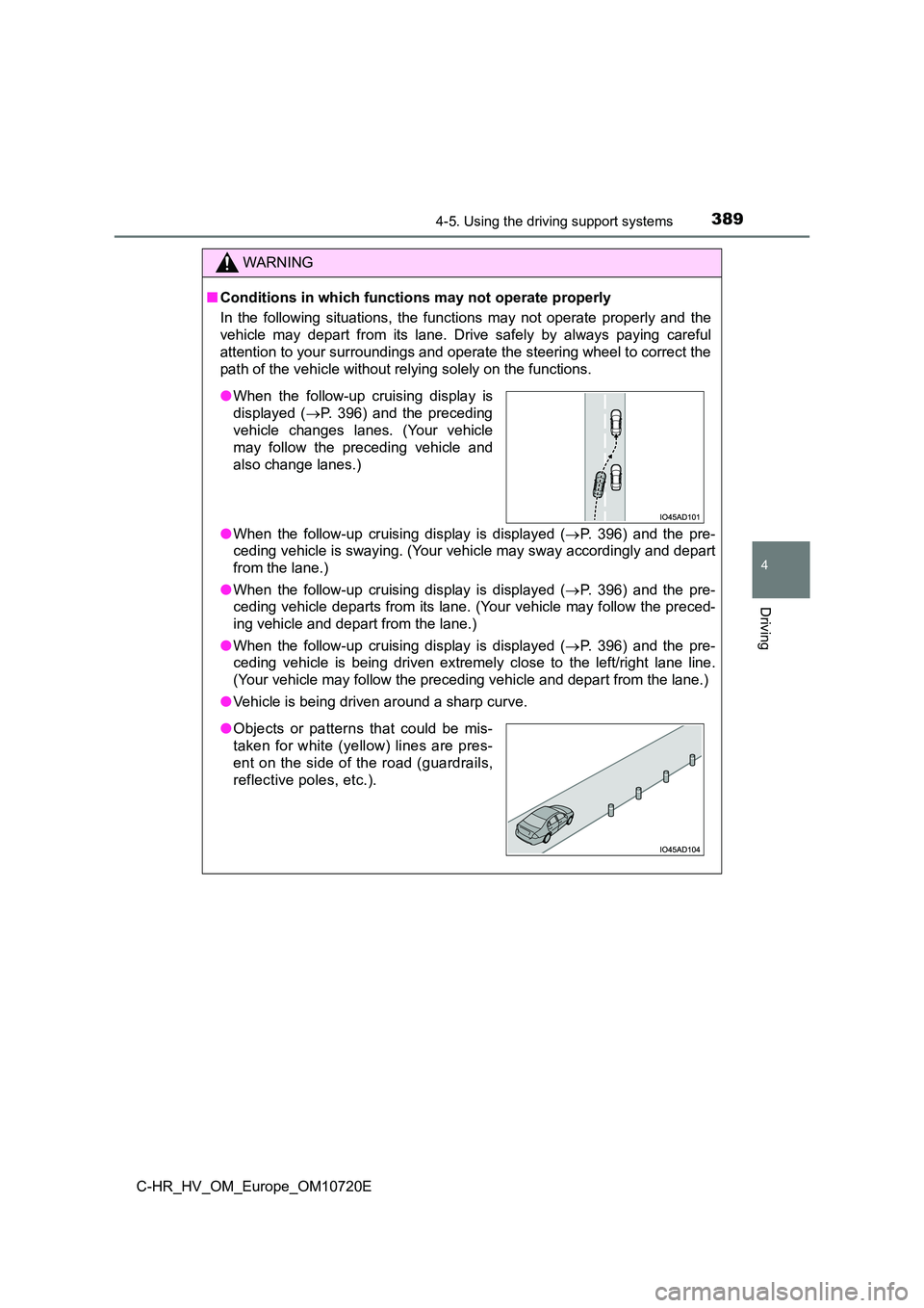 TOYOTA C-HR 2022 Repair Manual 3894-5. Using the driving support systems
4
Driving
C-HR_HV_OM_Europe_OM10720E
WARNING
■Conditions in which functions may not operate properly
In the following situations, the functions may TOYOTA C-HR 2022 Repair Manual 3894-5. Using the driving support systems
4
Driving
C-HR_HV_OM_Europe_OM10720E
WARNING
■Conditions in which functions may not operate properly
In the following situations, the functions may