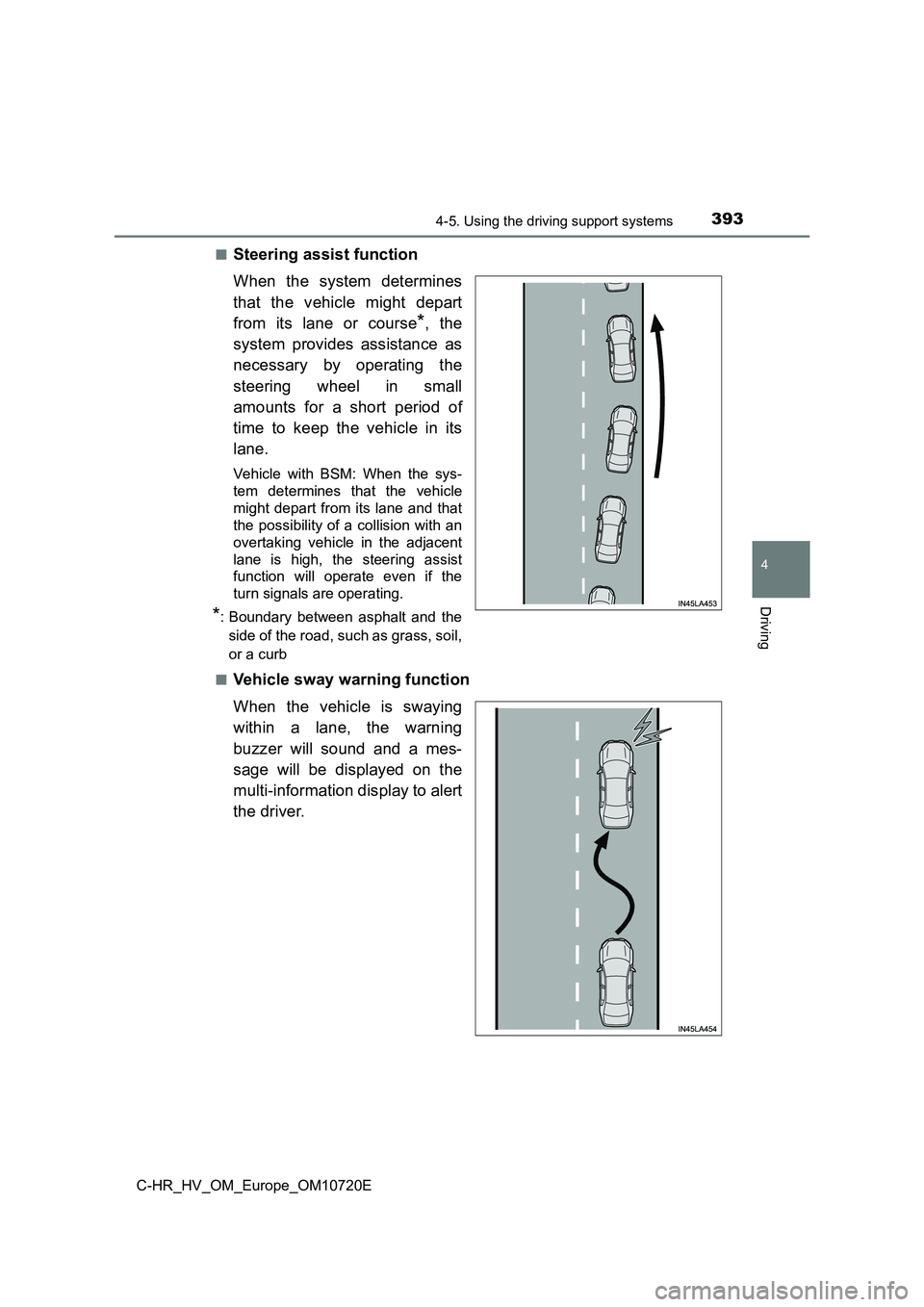 TOYOTA C-HR 2022 Owners Manual 3934-5. Using the driving support systems
4
Driving
C-HR_HV_OM_Europe_OM10720E
■Steering assist function
When the system determines
that the vehicle might depart
from its lane or cour TOYOTA C-HR 2022 Owners Manual 3934-5. Using the driving support systems
4
Driving
C-HR_HV_OM_Europe_OM10720E
■Steering assist function
When the system determines
that the vehicle might depart
from its lane or cour