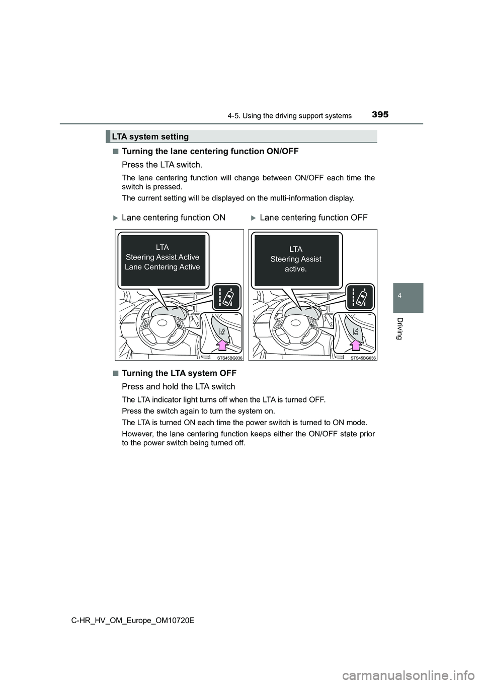 TOYOTA C-HR 2022 Owners Manual 3954-5. Using the driving support systems
4
Driving
C-HR_HV_OM_Europe_OM10720E
■Turning the lane centering function ON/OFF
Press the LTA switch.
The lane centering function will change betwe TOYOTA C-HR 2022 Owners Manual 3954-5. Using the driving support systems
4
Driving
C-HR_HV_OM_Europe_OM10720E
■Turning the lane centering function ON/OFF
Press the LTA switch.
The lane centering function will change betwe