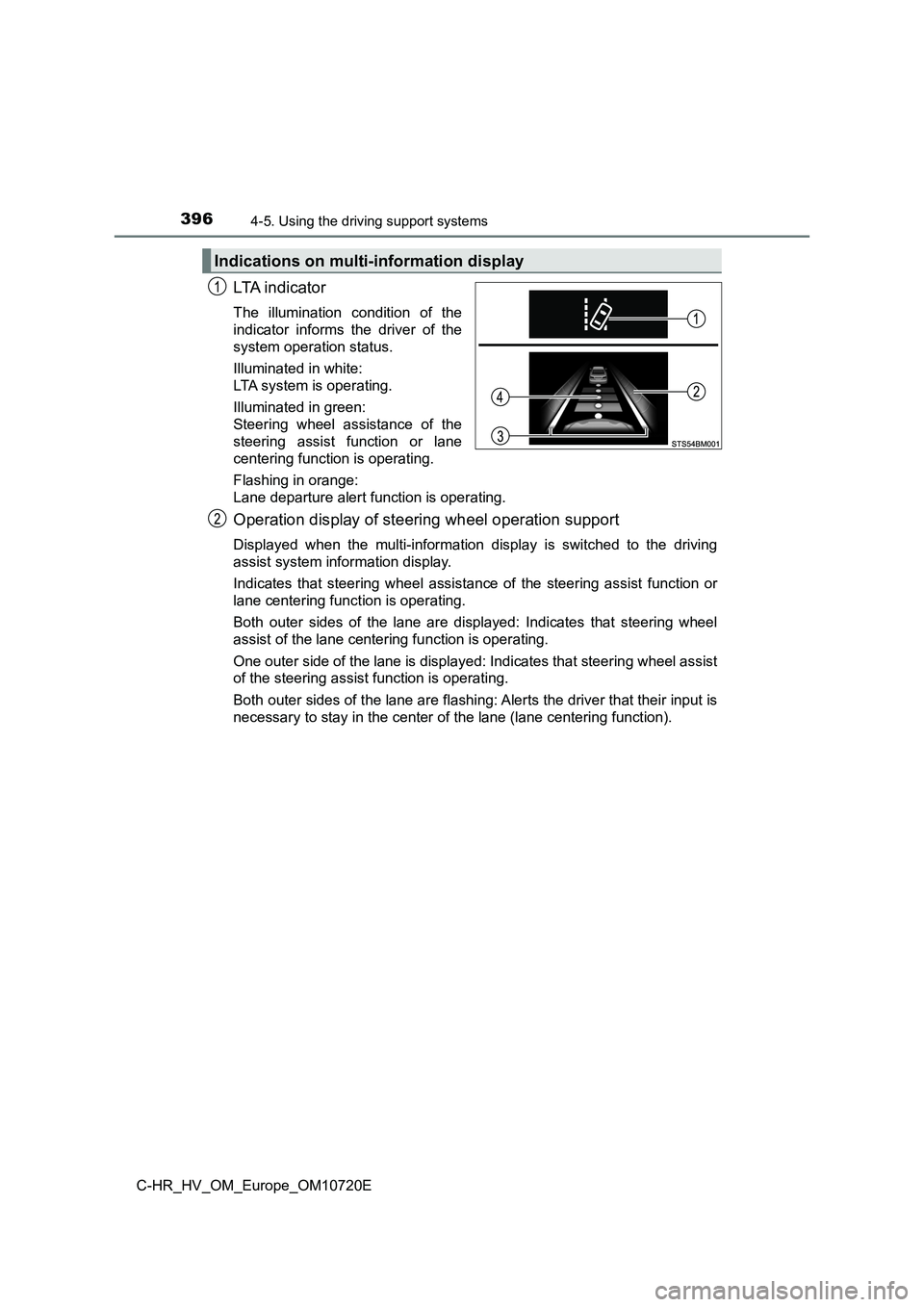TOYOTA C-HR 2022 Owners Manual 3964-5. Using the driving support systems
C-HR_HV_OM_Europe_OM10720E
LTA i n d i c a t o r
The illumination condition of the
indicator informs the driver of the
system operation status.
I TOYOTA C-HR 2022 Owners Manual 3964-5. Using the driving support systems
C-HR_HV_OM_Europe_OM10720E
LTA i n d i c a t o r
The illumination condition of the
indicator informs the driver of the
system operation status.
I