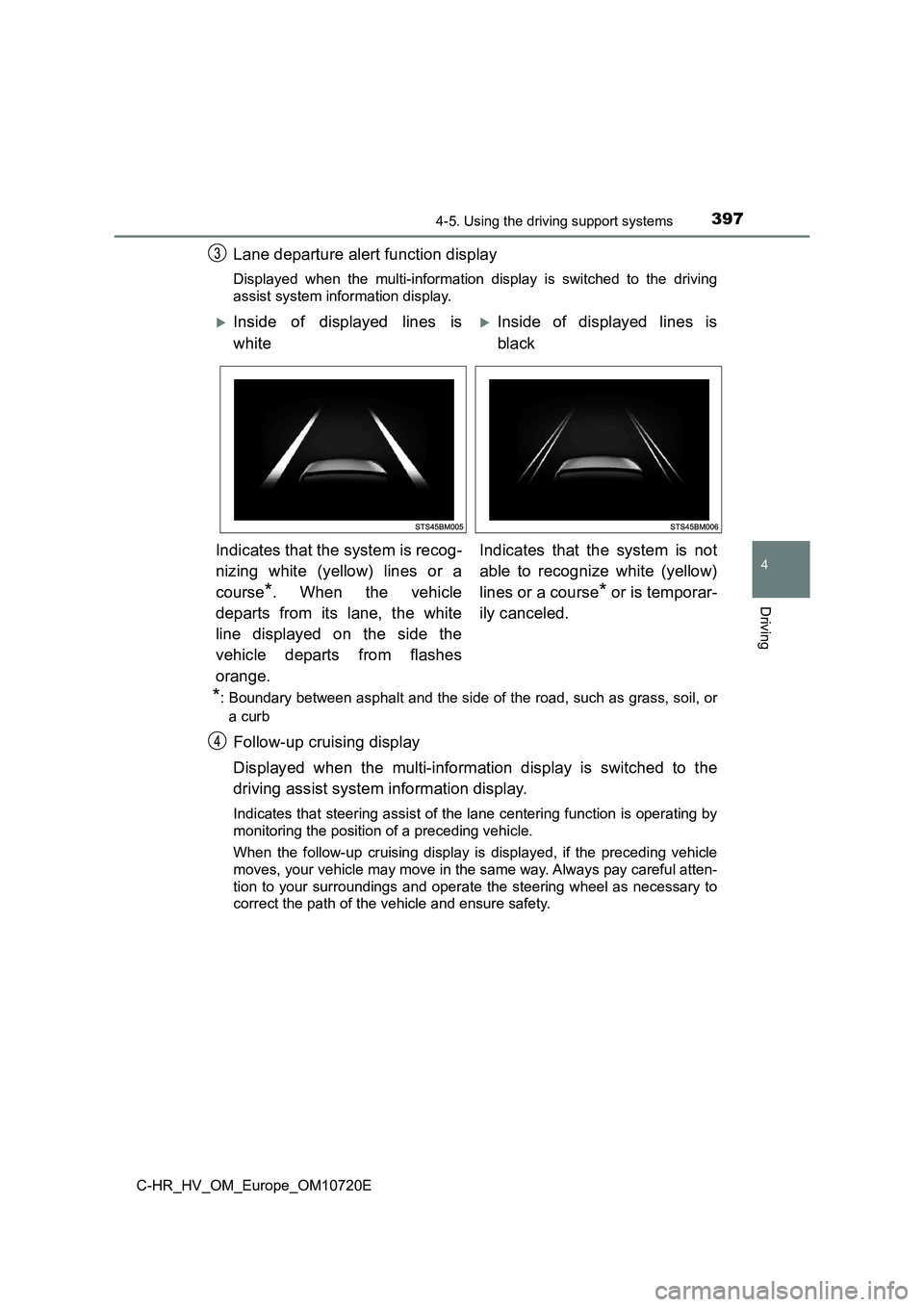 TOYOTA C-HR 2022 Owners Manual 3974-5. Using the driving support systems
4
Driving
C-HR_HV_OM_Europe_OM10720E
Lane departure alert function display
Displayed when the multi-information display is switched to the driving
as TOYOTA C-HR 2022 Owners Manual 3974-5. Using the driving support systems
4
Driving
C-HR_HV_OM_Europe_OM10720E
Lane departure alert function display
Displayed when the multi-information display is switched to the driving
as