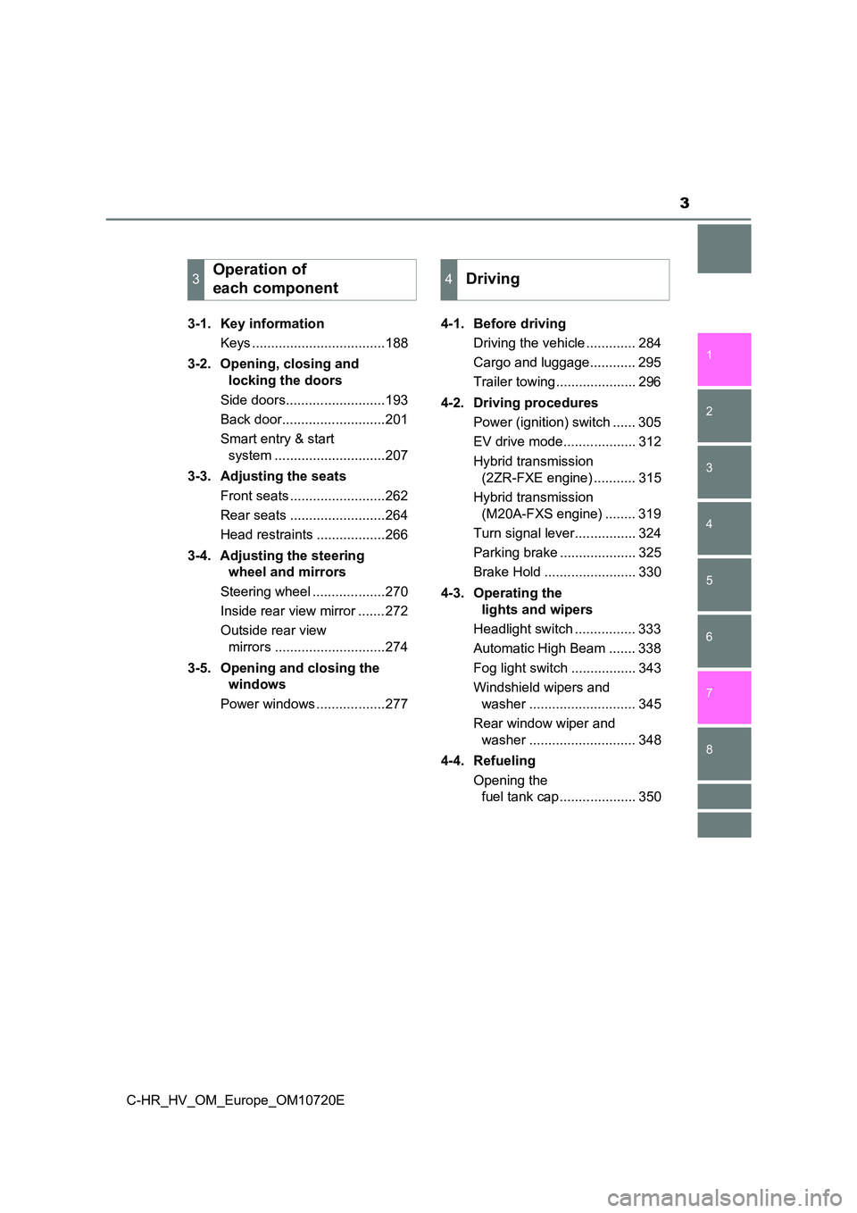 TOYOTA C-HR 2022 Owners Manual 3
1
5
4
3
2
C-HR_HV_OM_Europe_OM10720E
8
7
6
3-1. Key information
Keys ...................................188
3-2. Opening, closing and
locking the doors
Side doors..........................193 TOYOTA C-HR 2022 Owners Manual 3
1
5
4
3
2
C-HR_HV_OM_Europe_OM10720E
8
7
6
3-1. Key information
Keys ...................................188
3-2. Opening, closing and
locking the doors
Side doors..........................193
