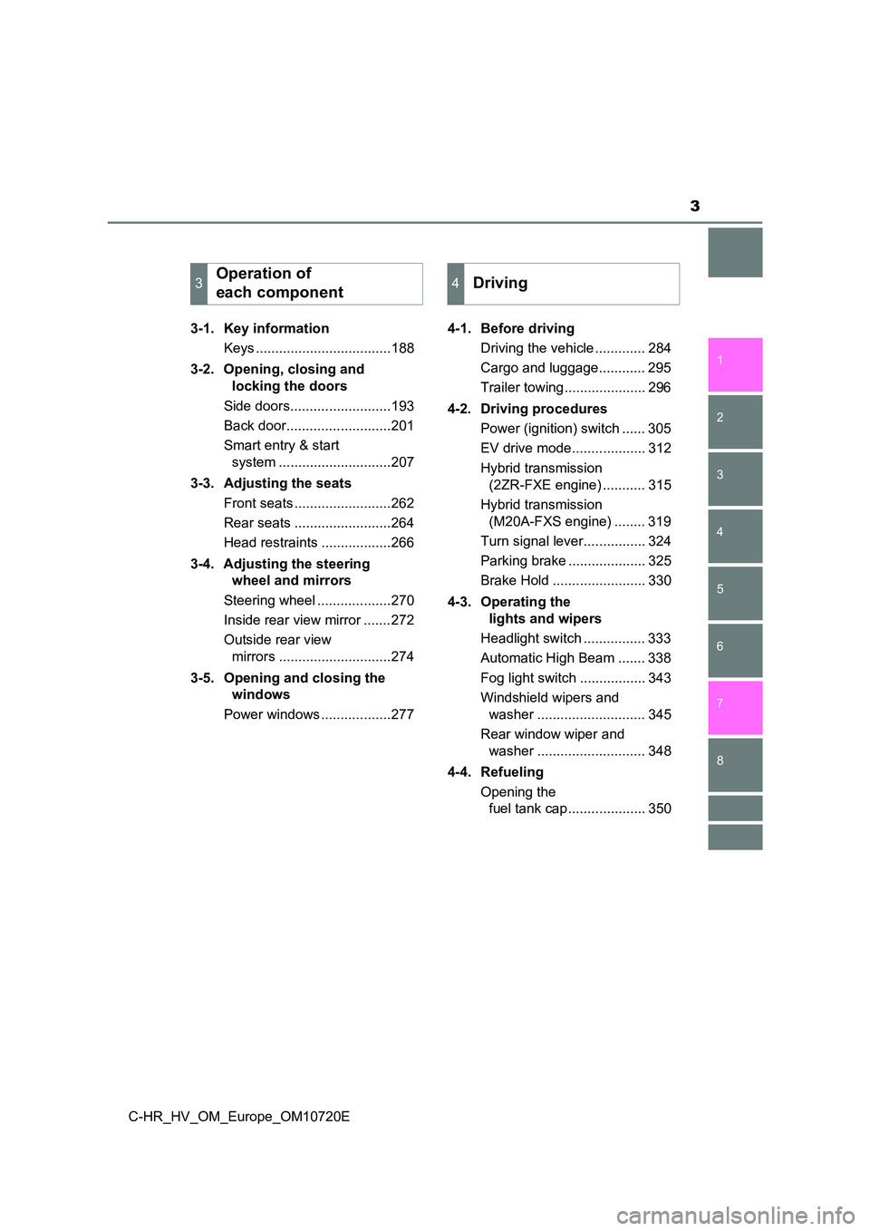 TOYOTA C-HR 2022  Owners Manual 3
1 
5 
4
3
2
C-HR_HV_OM_Europe_OM10720E
8
7
6
3-1. Key information 
Keys ...................................188 
3-2. Opening, closing and  
locking the doors 
Side doors..........................193