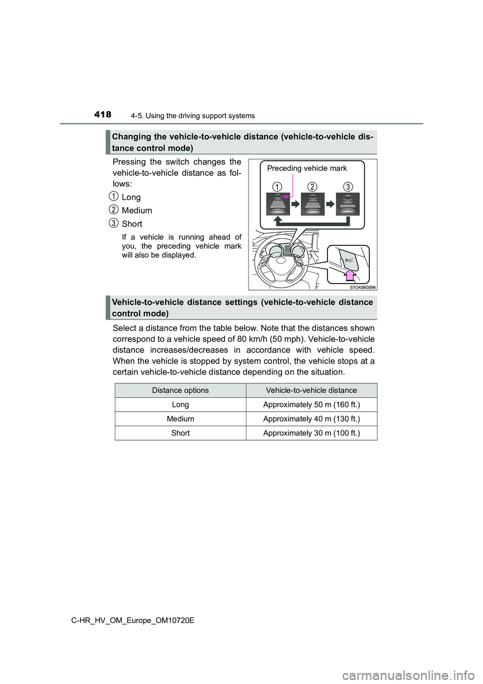 TOYOTA C-HR 2022 Manual Online 4184-5. Using the driving support systems
C-HR_HV_OM_Europe_OM10720E
Pressing the switch changes the
vehicle-to-vehicle distance as fol-
lows:
Long
Medium
Short
If a vehicle is running TOYOTA C-HR 2022 Manual Online 4184-5. Using the driving support systems
C-HR_HV_OM_Europe_OM10720E
Pressing the switch changes the
vehicle-to-vehicle distance as fol-
lows:
Long
Medium
Short
If a vehicle is running