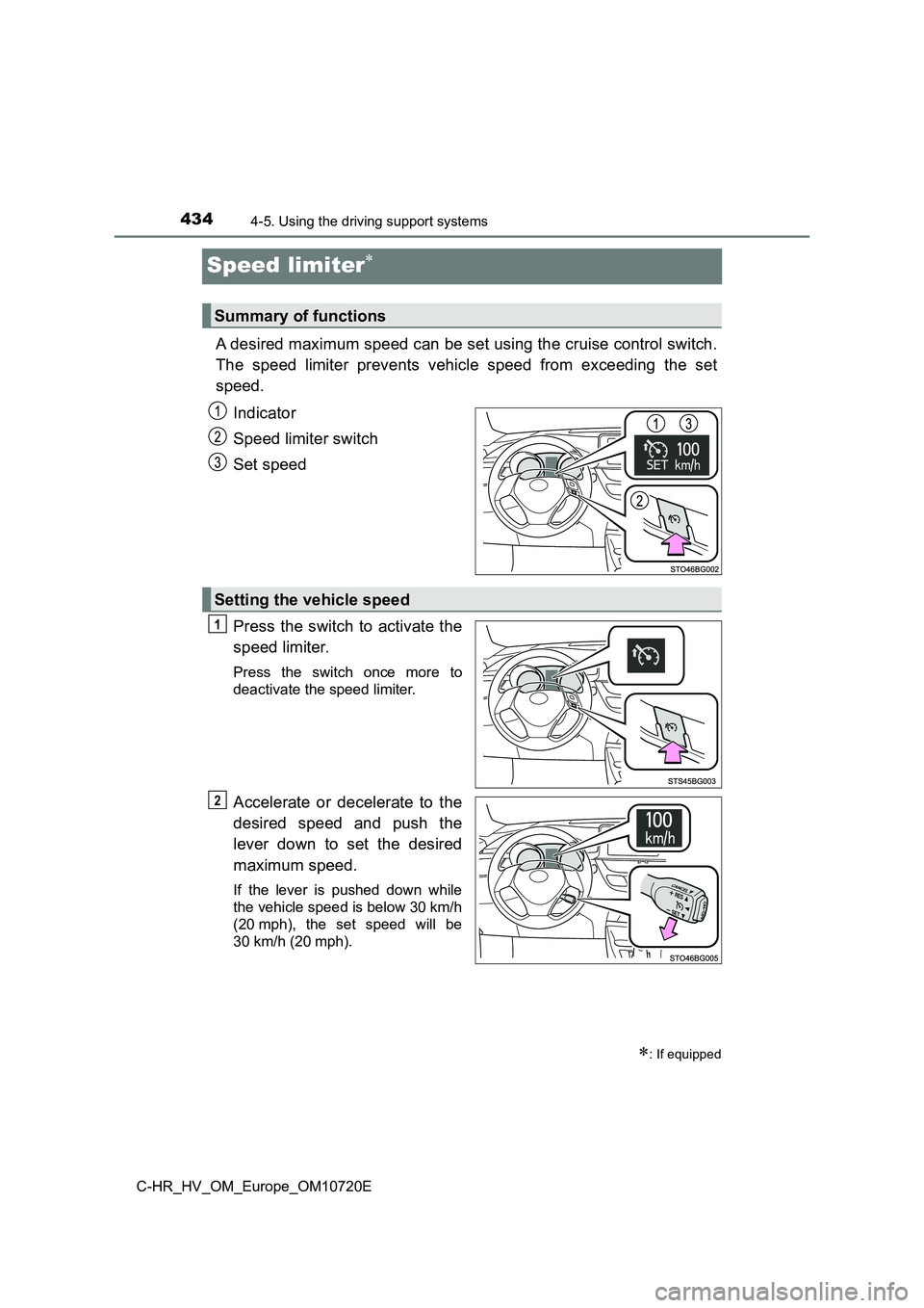 TOYOTA C-HR 2022 Owners Manual 4344-5. Using the driving support systems
C-HR_HV_OM_Europe_OM10720E
Speed limiter
A desired maximum speed can be set using the cruise control switch.
The speed limiter prevents vehicle speed TOYOTA C-HR 2022 Owners Manual 4344-5. Using the driving support systems
C-HR_HV_OM_Europe_OM10720E
Speed limiter
A desired maximum speed can be set using the cruise control switch.
The speed limiter prevents vehicle speed