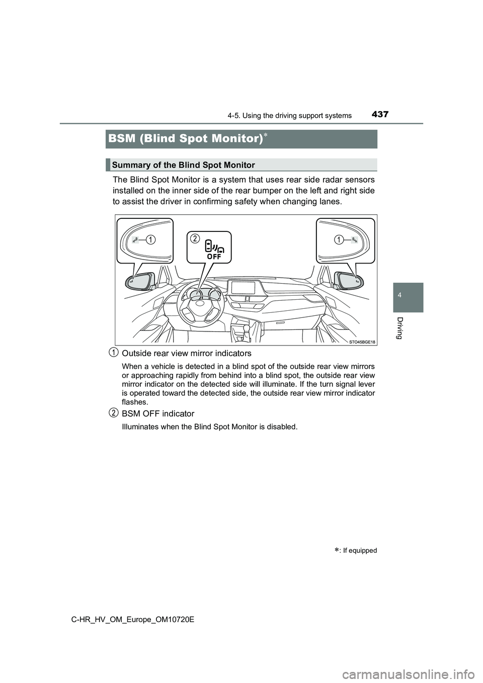 TOYOTA C-HR 2022 Owners Manual 437
4
4-5. Using the driving support systems
Driving
C-HR_HV_OM_Europe_OM10720E
BSM (Blind Spot Monitor)
The Blind Spot Monitor is a system that uses rear side radar sensors
installed on the inner TOYOTA C-HR 2022 Owners Manual 437
4
4-5. Using the driving support systems
Driving
C-HR_HV_OM_Europe_OM10720E
BSM (Blind Spot Monitor)
The Blind Spot Monitor is a system that uses rear side radar sensors
installed on the inner