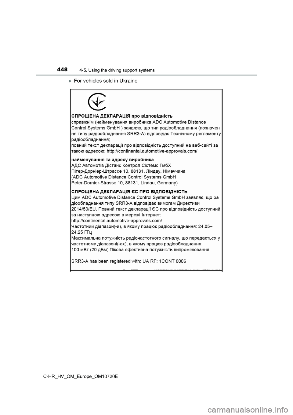 TOYOTA C-HR 2022 Owners Manual 4484-5. Using the driving support systems
C-HR_HV_OM_Europe_OM10720E
For vehicles sold in Ukraine TOYOTA C-HR 2022 Owners Manual 4484-5. Using the driving support systems
C-HR_HV_OM_Europe_OM10720E
For vehicles sold in Ukraine