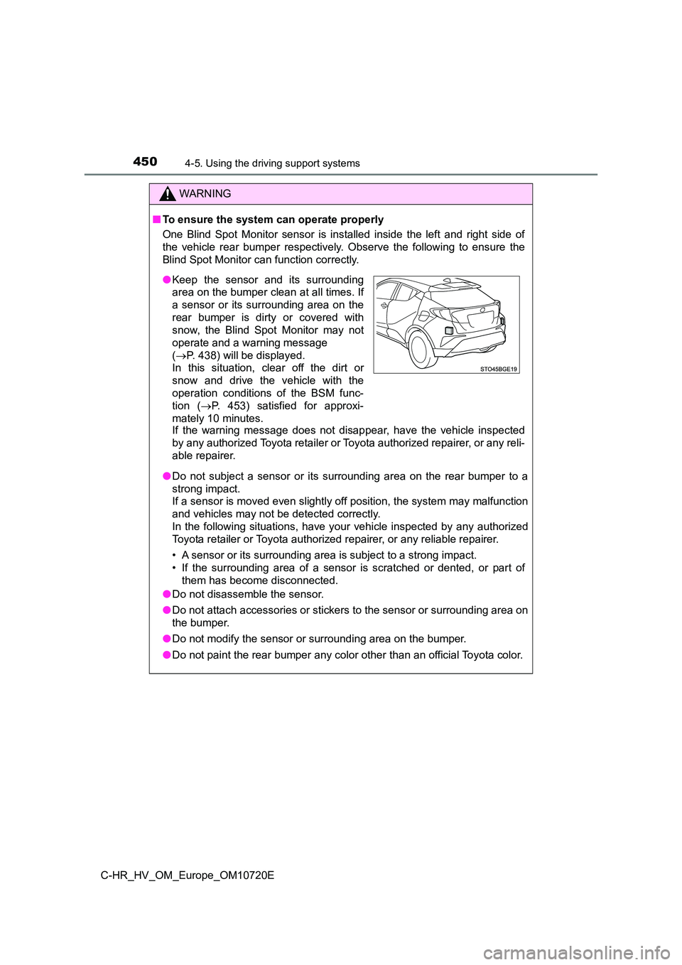 TOYOTA C-HR 2022 Owners Manual 4504-5. Using the driving support systems
C-HR_HV_OM_Europe_OM10720E
WARNING
■To ensure the system can operate properly
One Blind Spot Monitor sensor is installed inside the left and rig TOYOTA C-HR 2022 Owners Manual 4504-5. Using the driving support systems
C-HR_HV_OM_Europe_OM10720E
WARNING
■To ensure the system can operate properly
One Blind Spot Monitor sensor is installed inside the left and rig