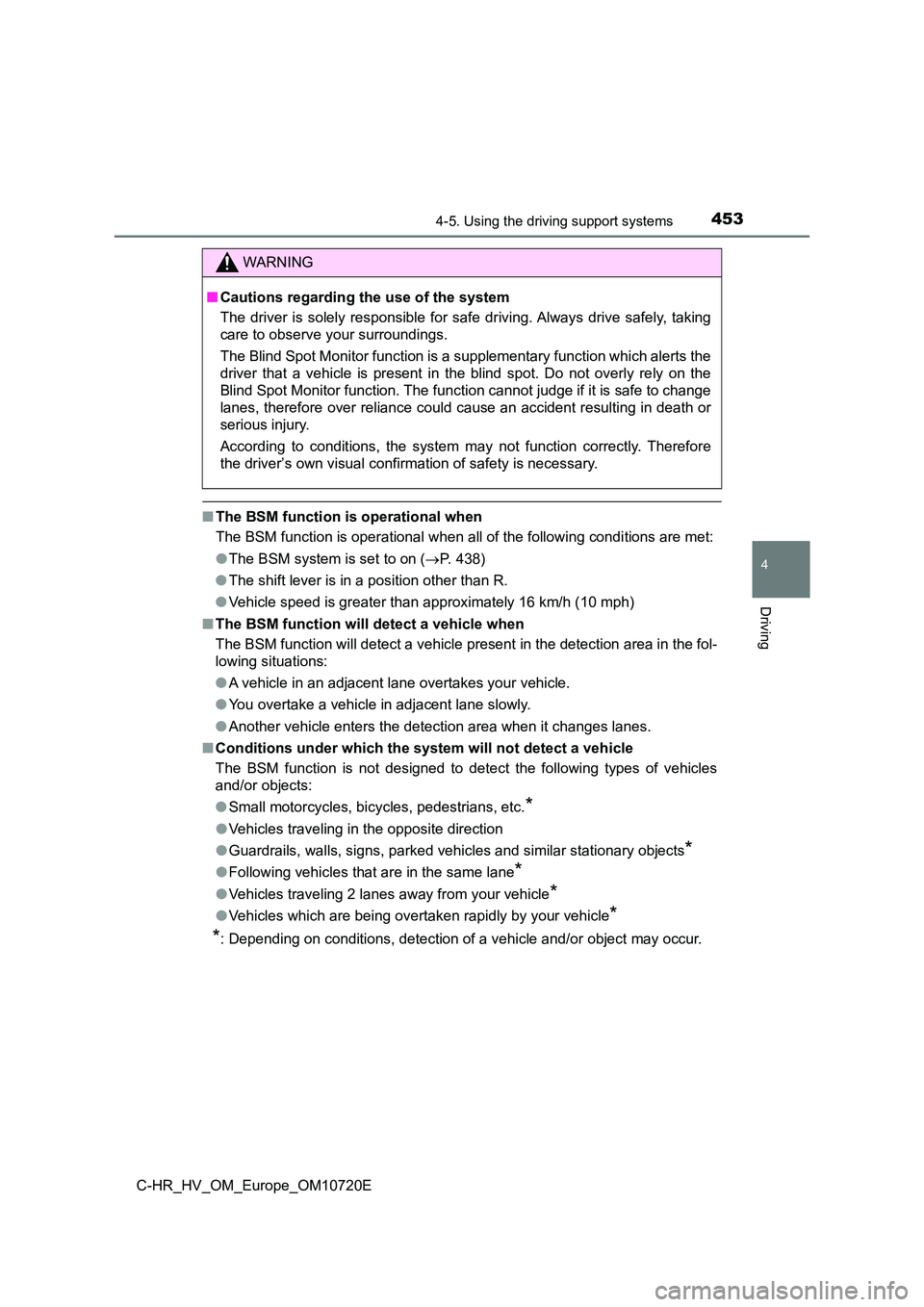 TOYOTA C-HR 2022  Owners Manual 4534-5. Using the driving support systems
4
Driving
C-HR_HV_OM_Europe_OM10720E
■The BSM function is operational when 
The BSM function is operational w hen all of the following conditions are met: 
