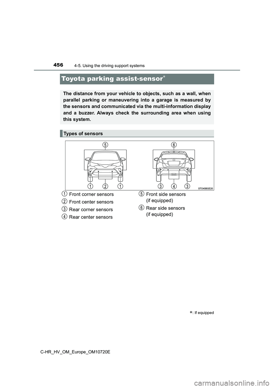 TOYOTA C-HR 2022 Owners Manual 4564-5. Using the driving support systems
C-HR_HV_OM_Europe_OM10720E
Toyota parking assist-sensor
: If equipped
The distance from your vehicle to objects, such as a wall, when
parallel parking TOYOTA C-HR 2022 Owners Manual 4564-5. Using the driving support systems
C-HR_HV_OM_Europe_OM10720E
Toyota parking assist-sensor
: If equipped
The distance from your vehicle to objects, such as a wall, when
parallel parking