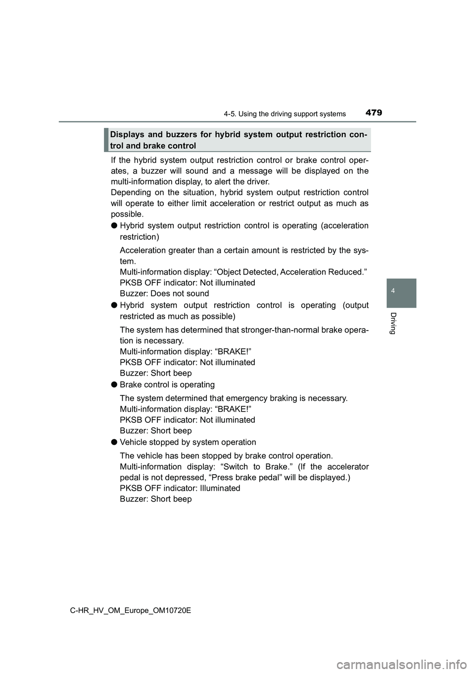 TOYOTA C-HR 2022 Owners Manual 4794-5. Using the driving support systems
4
Driving
C-HR_HV_OM_Europe_OM10720E
If the hybrid system output restriction control or brake control oper-
ates, a buzzer will sound and a TOYOTA C-HR 2022 Owners Manual 4794-5. Using the driving support systems
4
Driving
C-HR_HV_OM_Europe_OM10720E
If the hybrid system output restriction control or brake control oper-
ates, a buzzer will sound and a
