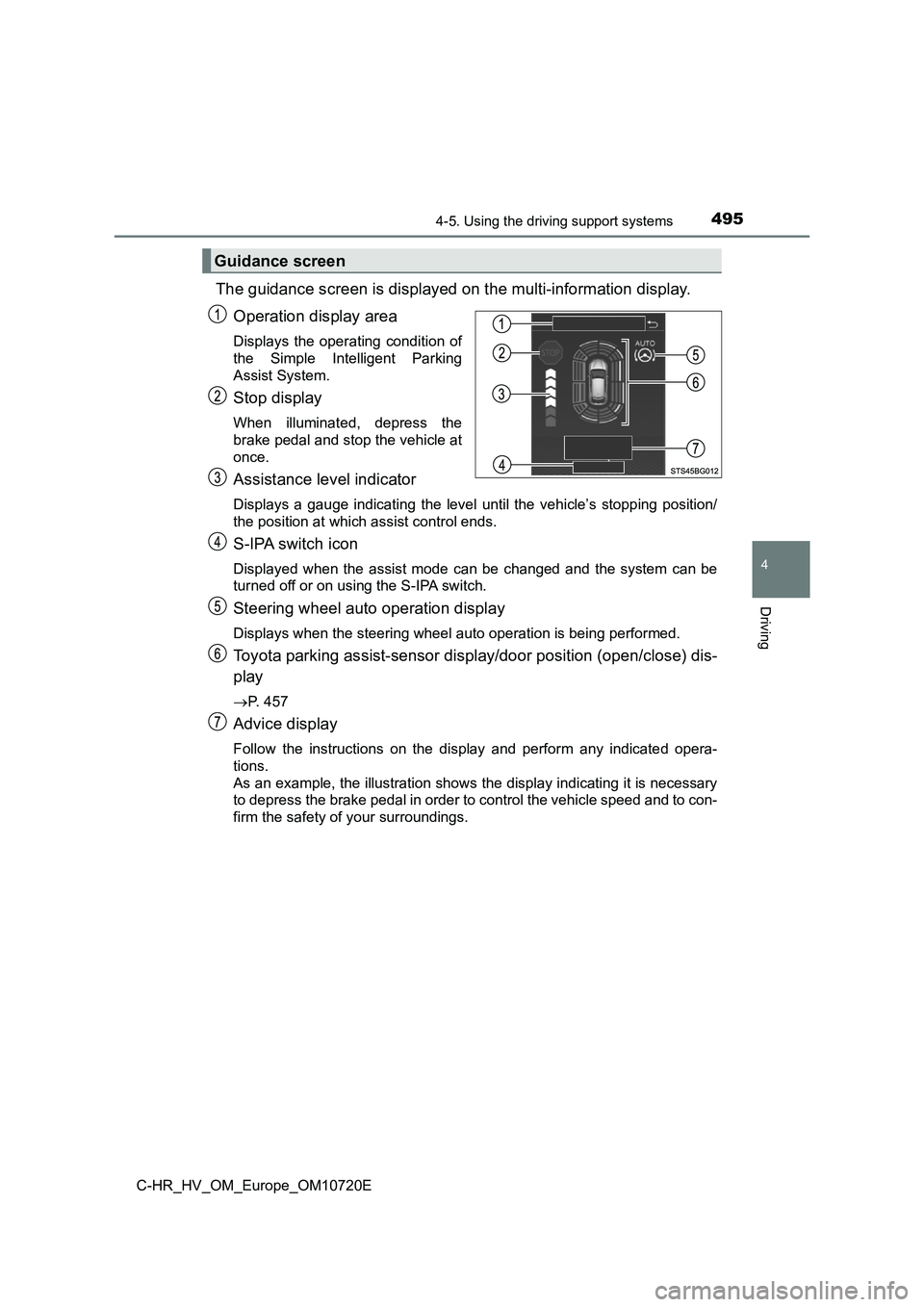 TOYOTA C-HR 2022 Owners Manual 4954-5. Using the driving support systems
4
Driving
C-HR_HV_OM_Europe_OM10720E
The guidance screen is displayed on the multi-information display.
Operation display area
Displays the operating cond TOYOTA C-HR 2022 Owners Manual 4954-5. Using the driving support systems
4
Driving
C-HR_HV_OM_Europe_OM10720E
The guidance screen is displayed on the multi-information display.
Operation display area
Displays the operating cond