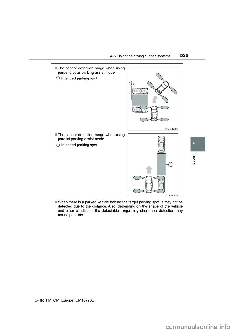TOYOTA C-HR 2022 Manual PDF 5254-5. Using the driving support systems
4
Driving
C-HR_HV_OM_Europe_OM10720E
●When there is a parked vehicle behind the target parking spot, it may not be
detected due to the distance. Also, TOYOTA C-HR 2022 Manual PDF 5254-5. Using the driving support systems
4
Driving
C-HR_HV_OM_Europe_OM10720E
●When there is a parked vehicle behind the target parking spot, it may not be
detected due to the distance. Also,