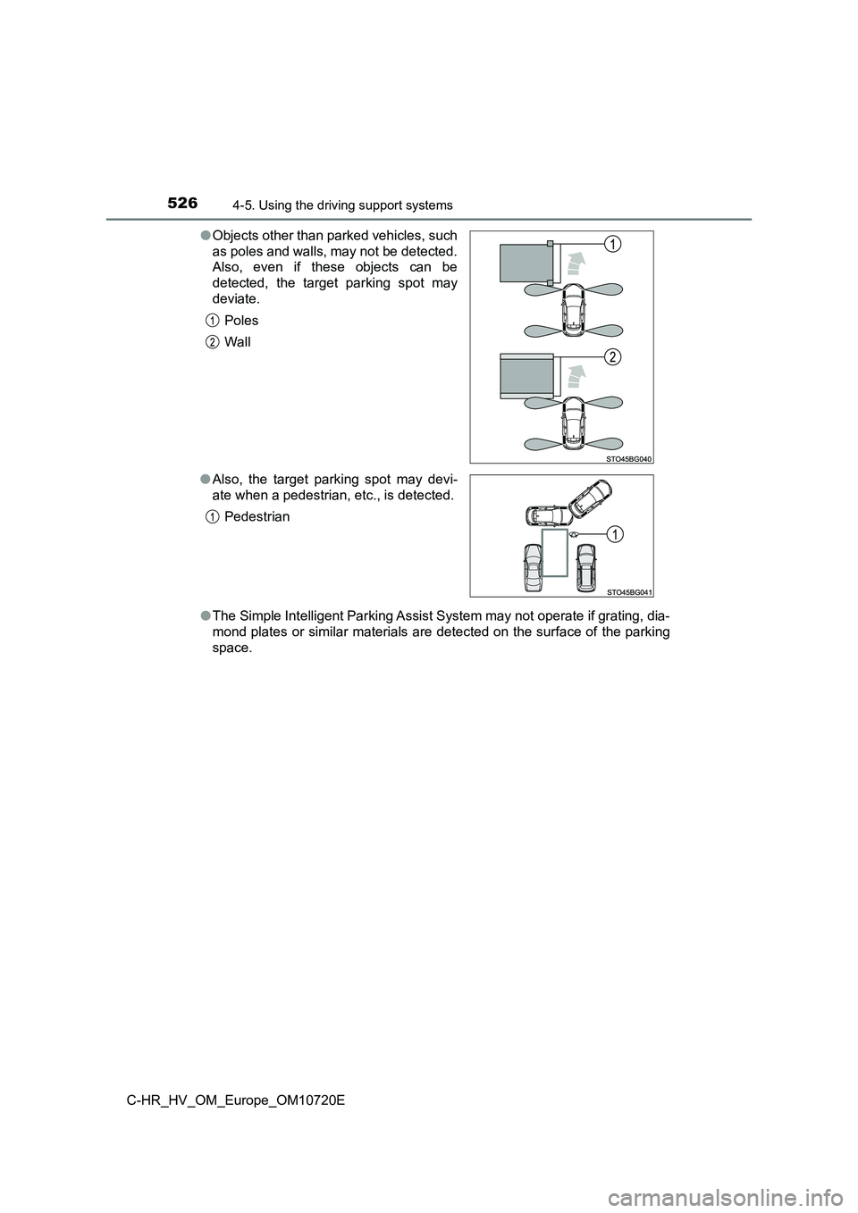 TOYOTA C-HR 2022 Owners Manual 5264-5. Using the driving support systems
C-HR_HV_OM_Europe_OM10720E
● The Simple Intelligent Parking Assist System may not operate if grating, dia-
mond plates or similar materials are detecte TOYOTA C-HR 2022 Owners Manual 5264-5. Using the driving support systems
C-HR_HV_OM_Europe_OM10720E
● The Simple Intelligent Parking Assist System may not operate if grating, dia-
mond plates or similar materials are detecte