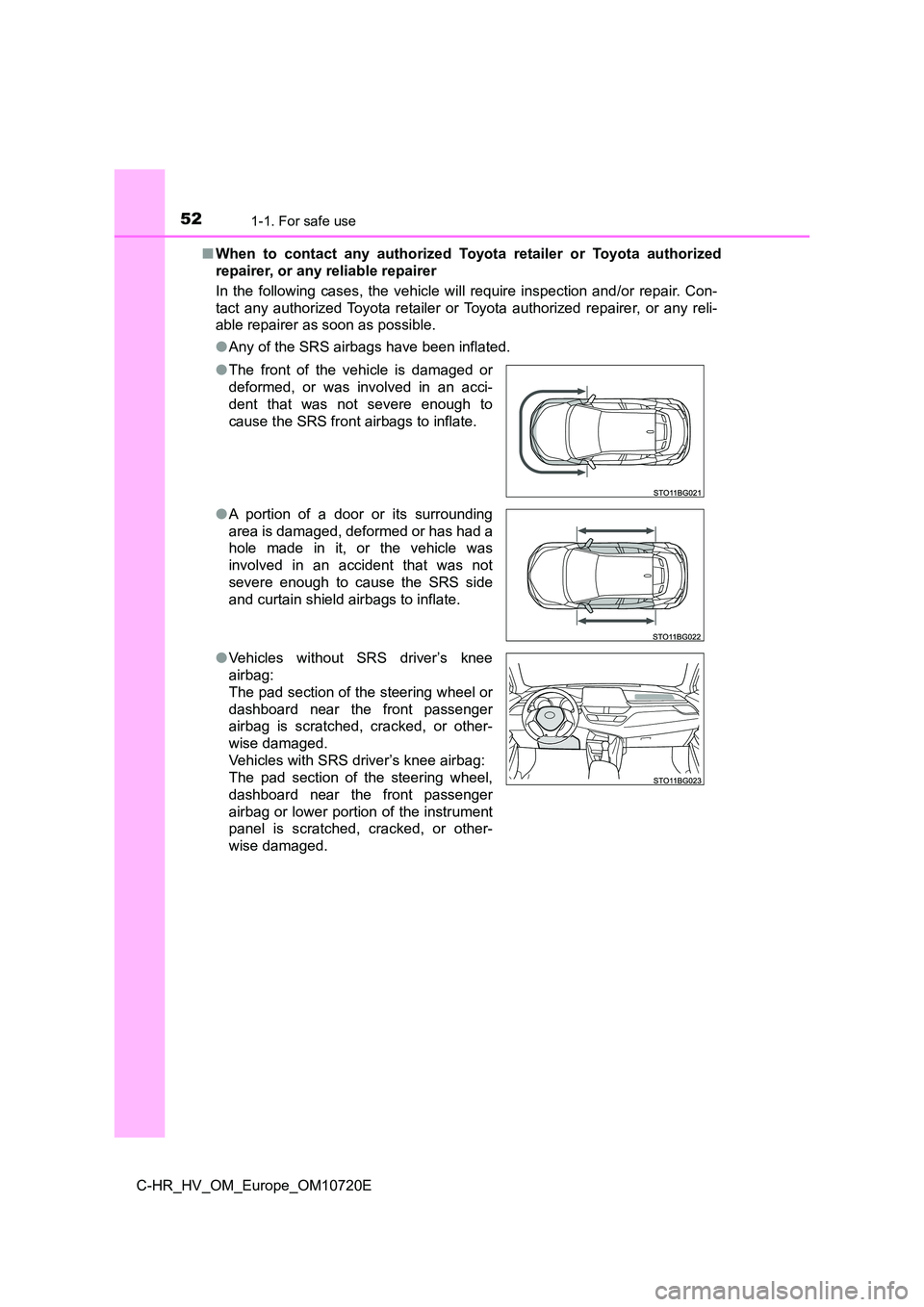 TOYOTA C-HR 2022 Owners Manual 521-1. For safe use
C-HR_HV_OM_Europe_OM10720E
■ When to contact any authorized Toyota retailer or Toyota authorized
repairer, or any reliable repairer
In the following cases, the v TOYOTA C-HR 2022 Owners Manual 521-1. For safe use
C-HR_HV_OM_Europe_OM10720E
■ When to contact any authorized Toyota retailer or Toyota authorized
repairer, or any reliable repairer
In the following cases, the v