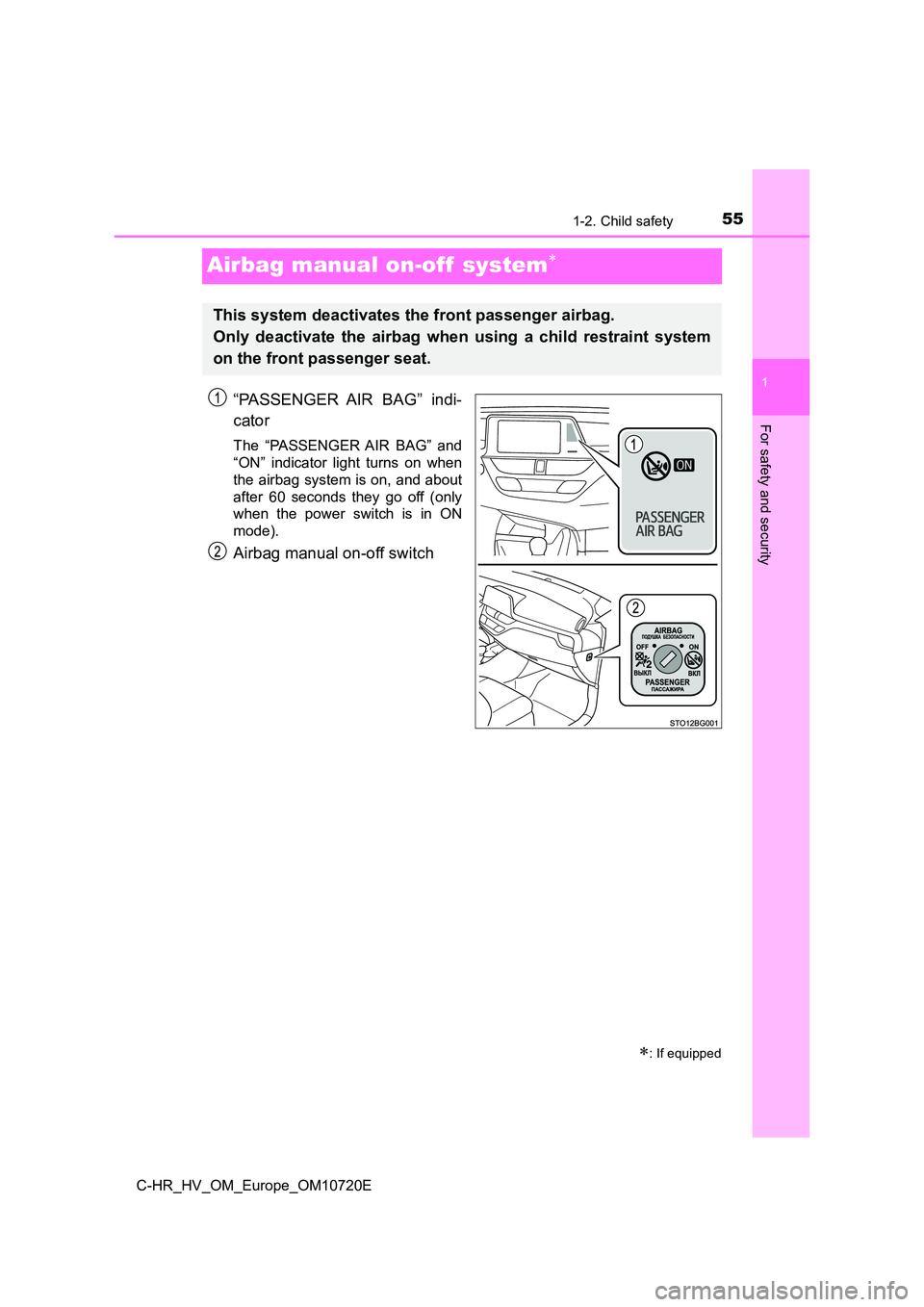 TOYOTA C-HR 2022  Owners Manual 551-2. Child safety
1
For safety and security
C-HR_HV_OM_Europe_OM10720E
Airbag manual on-off  system
“PASSENGER  AIR  BAG”  indi- 
cator
The  “PASSENGER AIR  BAG”  and 
“ON”  indicator