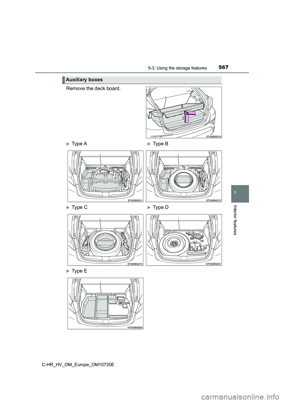 TOYOTA C-HR 2022  Owners Manual 5675-3. Using the storage features
C-HR_HV_OM_Europe_OM10720E
5
Interior features
Remove the deck board.
Auxiliary boxes
Ty pe  AType B
Ty pe  CType D
Ty pe  E 
