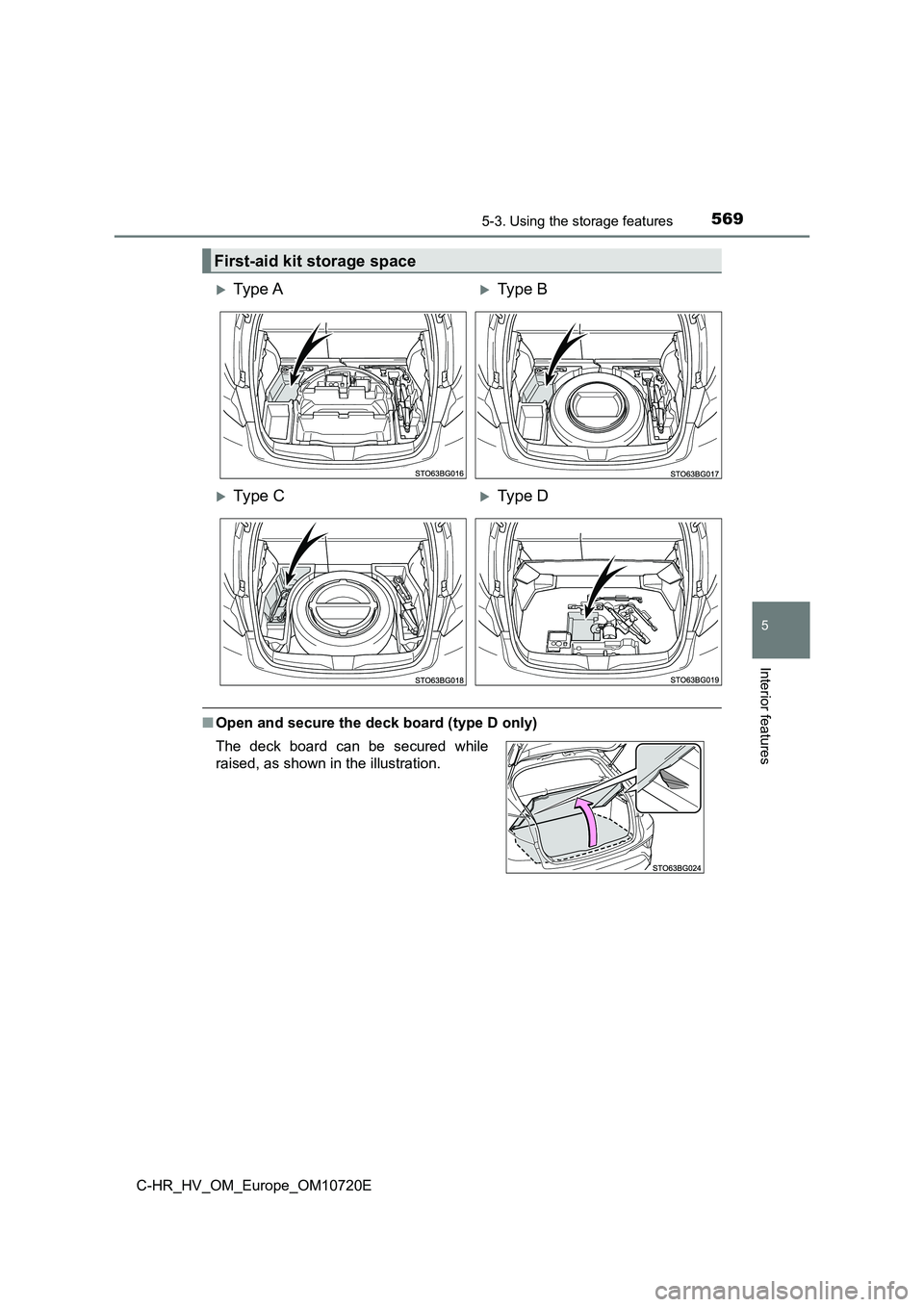 TOYOTA C-HR 2022  Owners Manual 5695-3. Using the storage features
C-HR_HV_OM_Europe_OM10720E
5
Interior features
■Open and secure the deck board (type D only)
First-aid kit storage space
Ty pe  AType B
Ty pe  CType D
