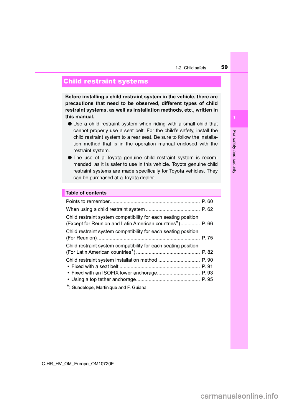 TOYOTA C-HR 2022 Repair Manual 591-2. Child safety
1
For safety and security
C-HR_HV_OM_Europe_OM10720E
Child restraint systems
Points to remember................................................................. P. 60
When using TOYOTA C-HR 2022 Repair Manual 591-2. Child safety
1
For safety and security
C-HR_HV_OM_Europe_OM10720E
Child restraint systems
Points to remember................................................................. P. 60
When using